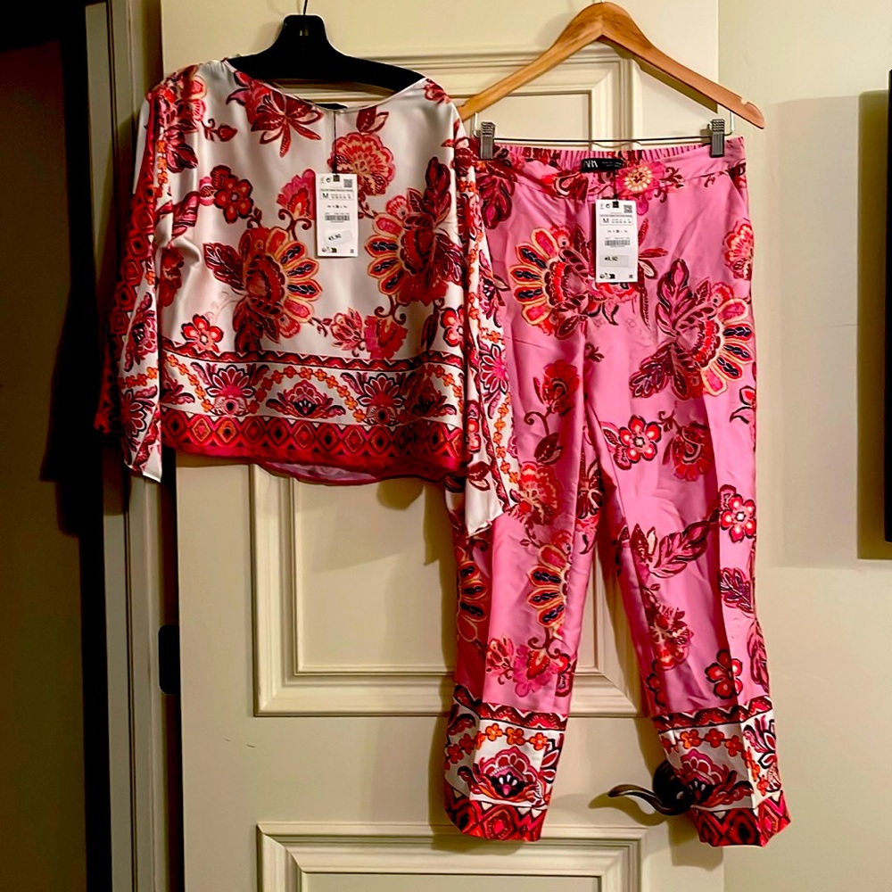 Zara pink satin pants and top. New with tags. Never worn. Non smoking house.